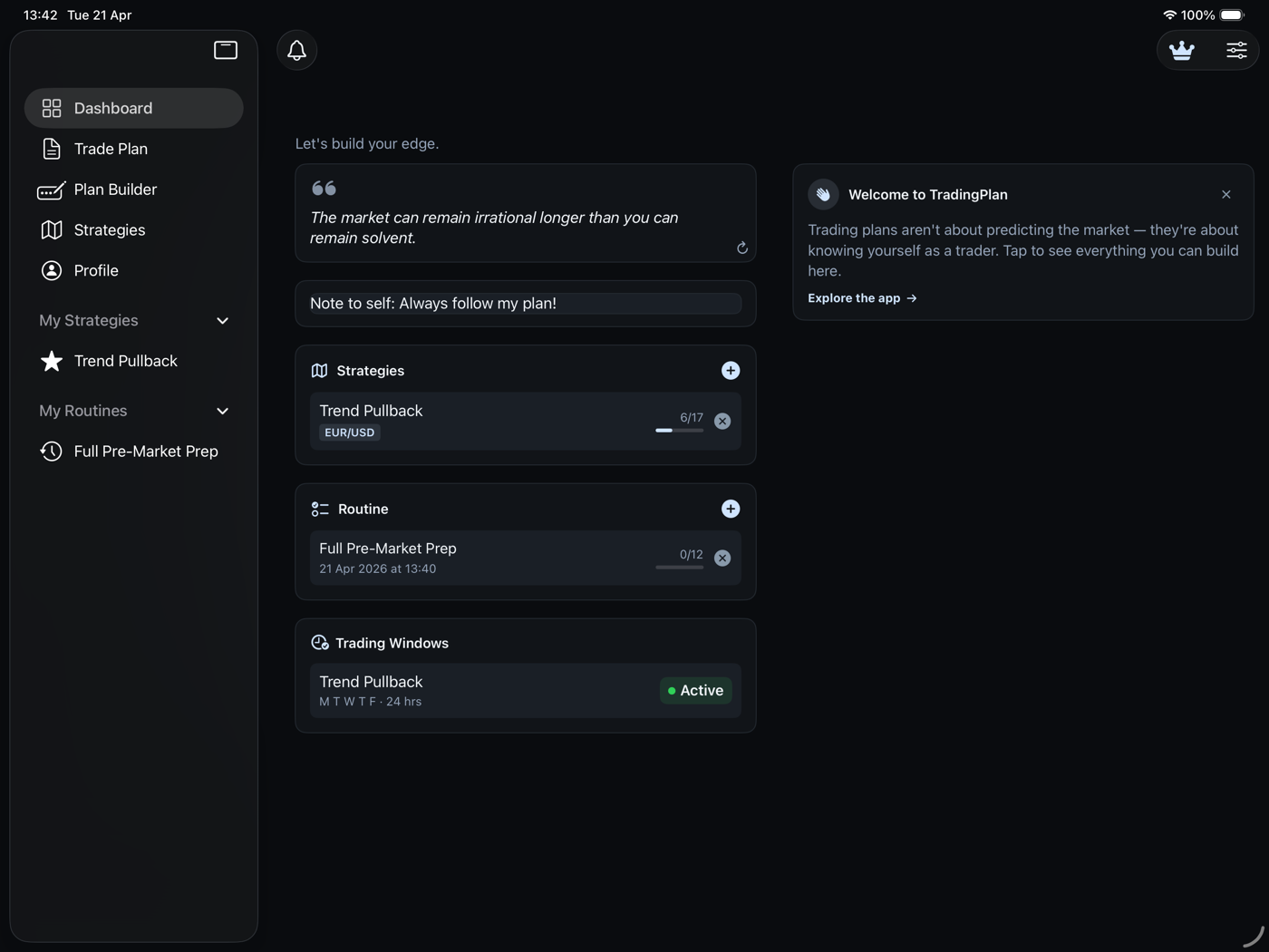 TradingPlan dashboard on iPad with sidebar navigation