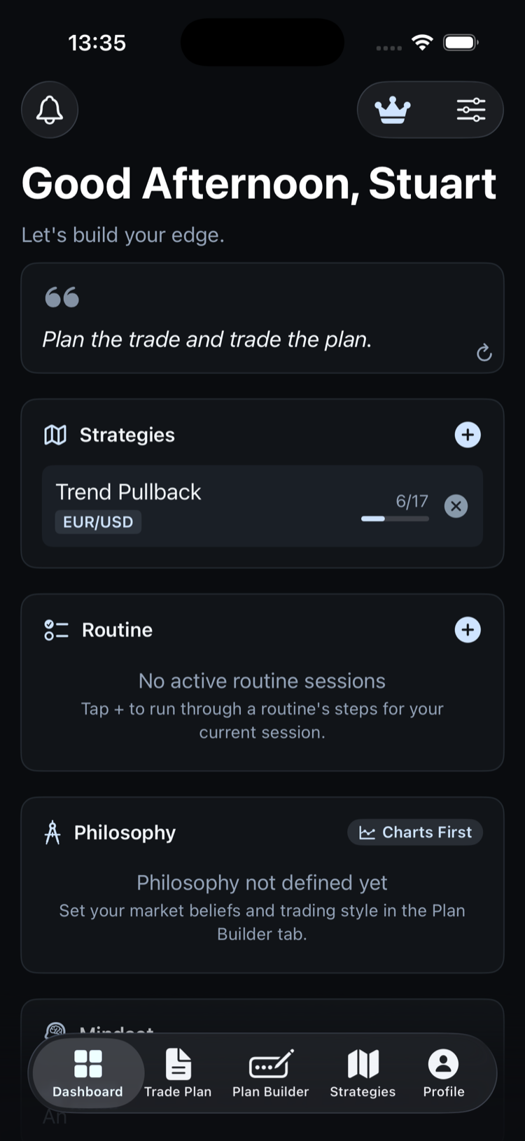 TradingPlan on iPhone — Dashboard view