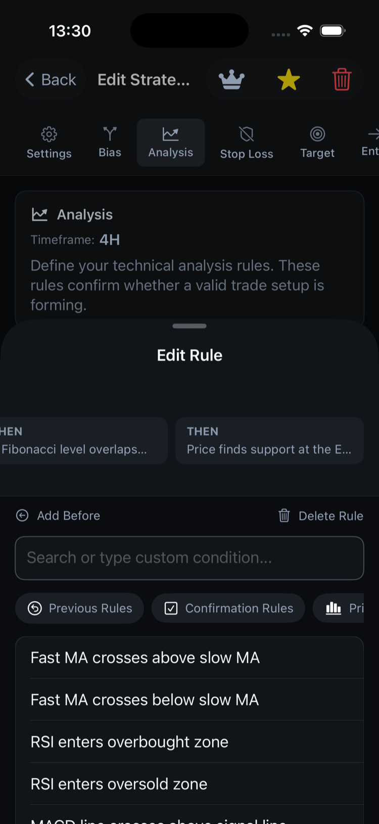Strategy Builder — rule sections and tabs